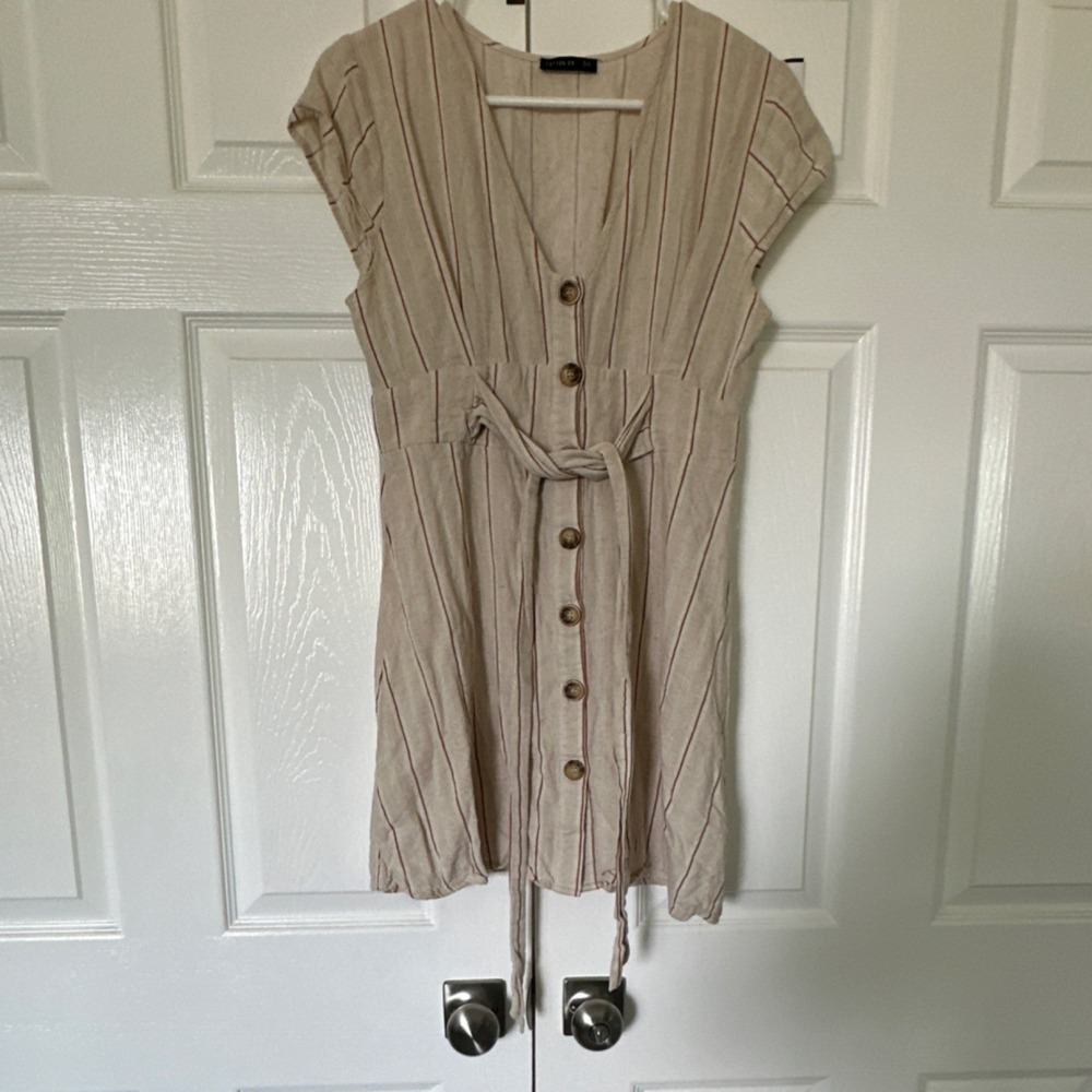 Cotton On Beige Striped Linen Shirt Dress Short Cap Sleeve Button Belted S/P